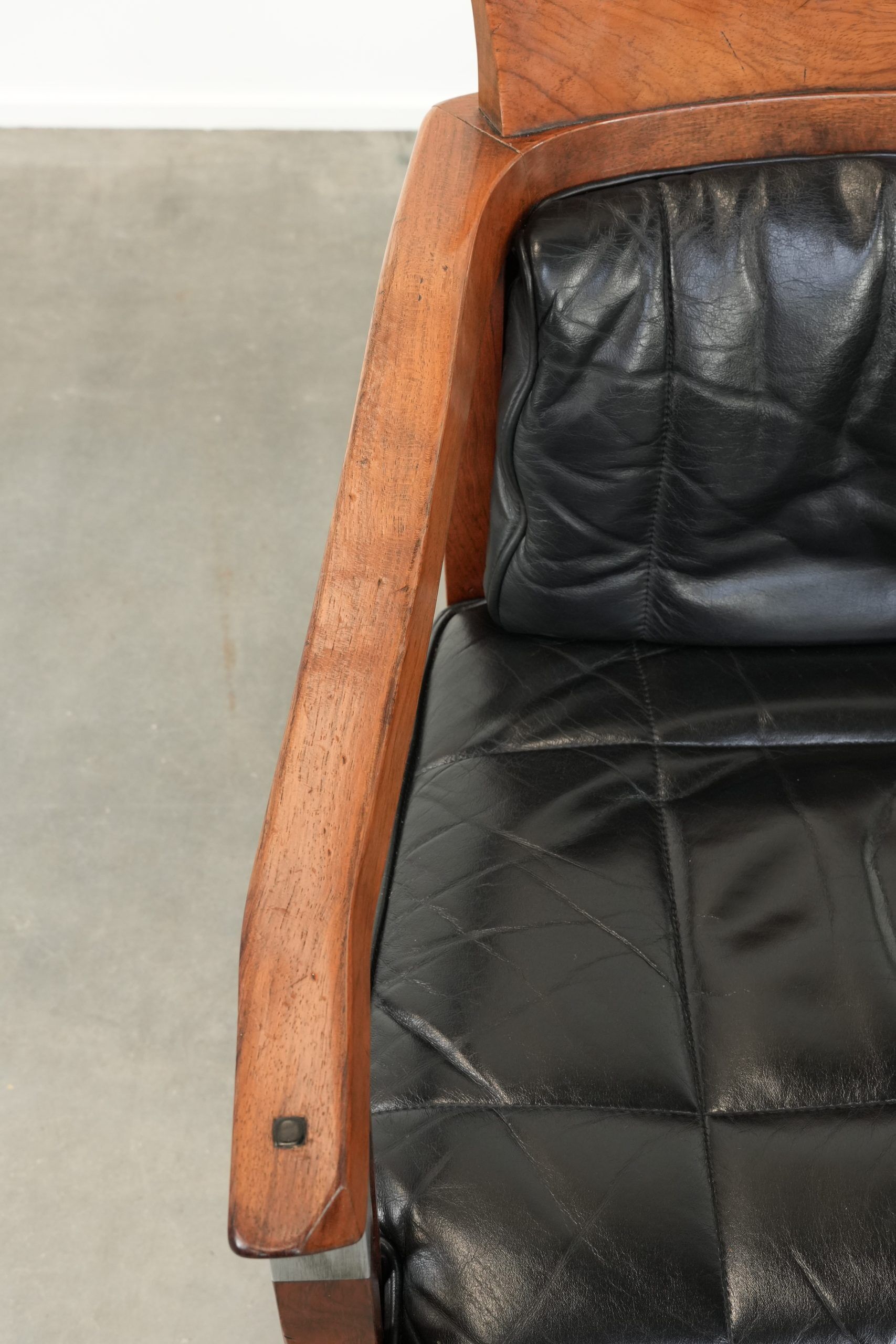 Black leather set of 2 Art Deco design dining/side chairs with armrests