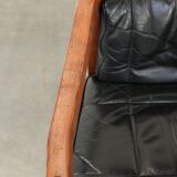 Black leather set of 2 Art Deco design dining/side chairs with armrests