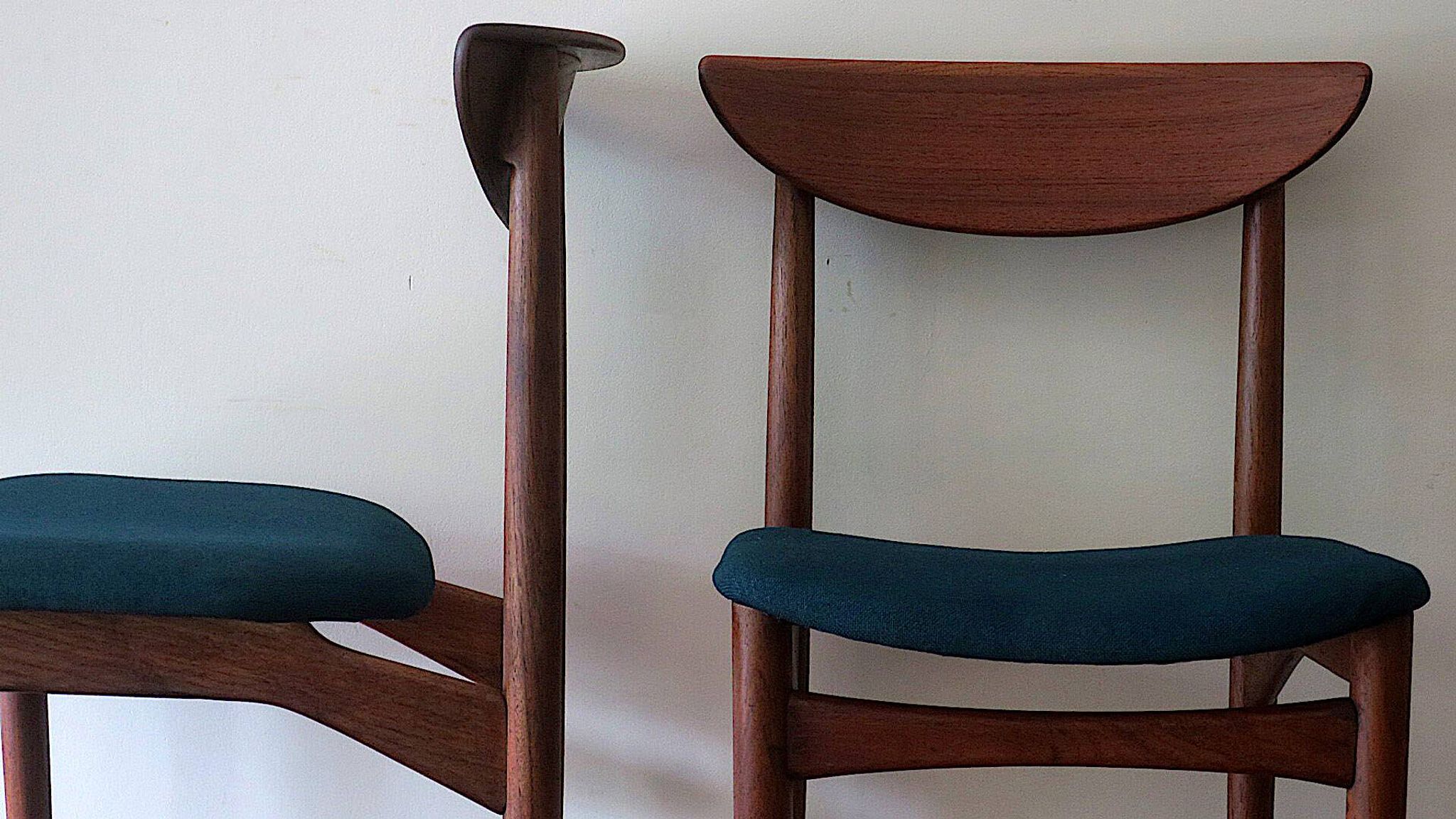 Pair of Lane Perception teak dining chairs in petrol blue-green, USA 1960s