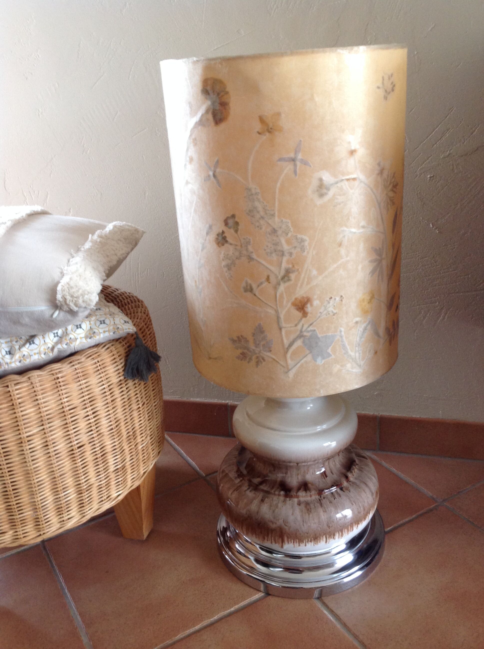 Ceramic floor lamp with a fat lava finish and herbarium shade / vintage 1960s-70s