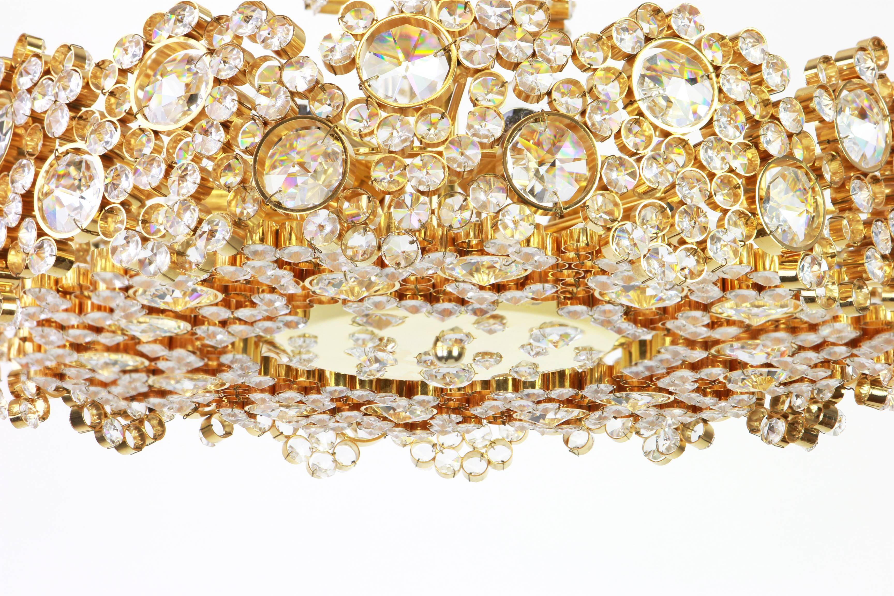 Golden brass chandelier with crystal glass inlays by Palwa, Germany, 1970s.