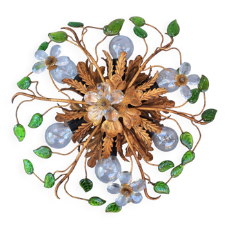 Banci ceiling light, in Golden Iron and Crystal Flowers with Green leavs