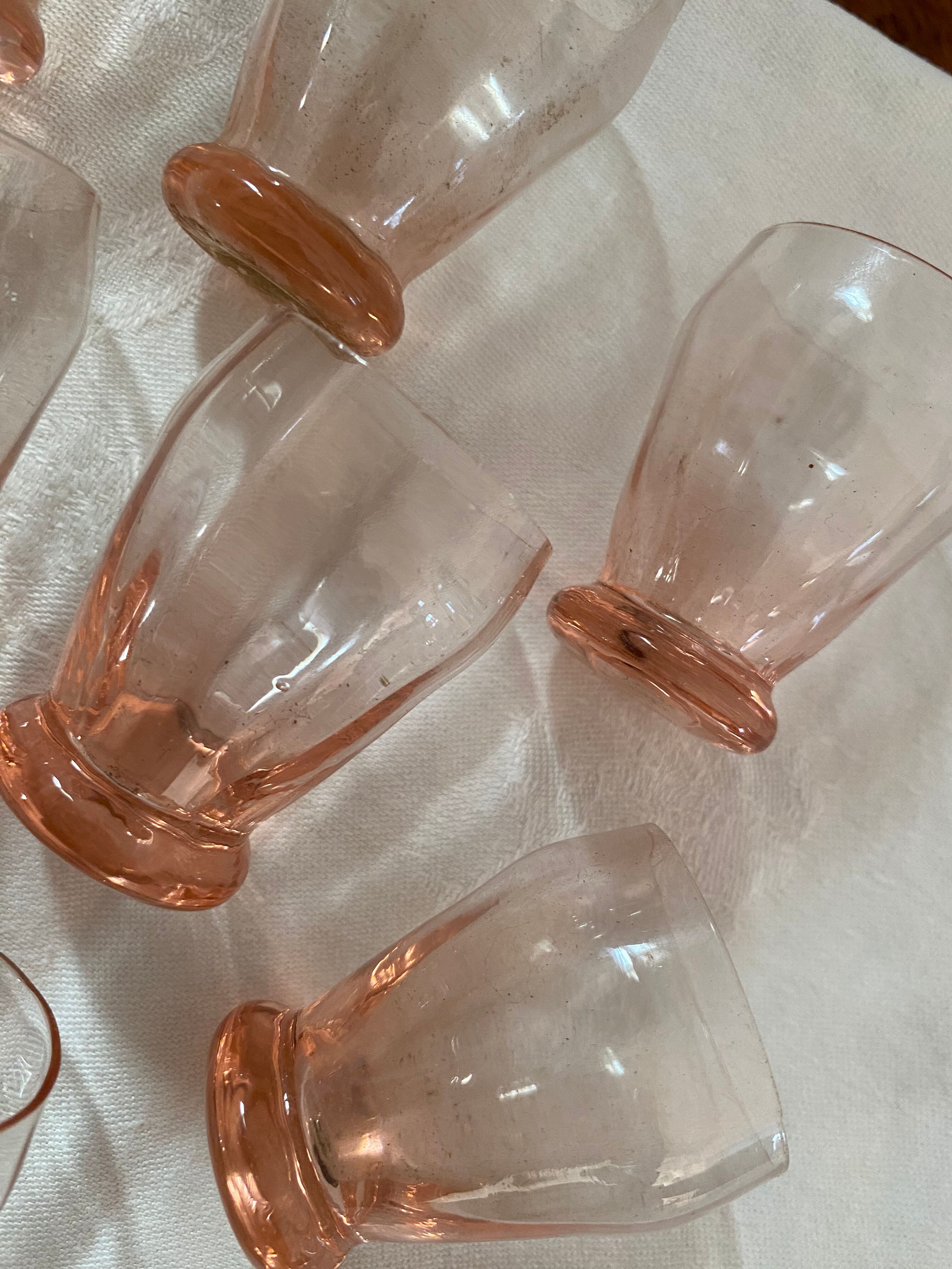 9 glasses vintage liqueur with pink glass.