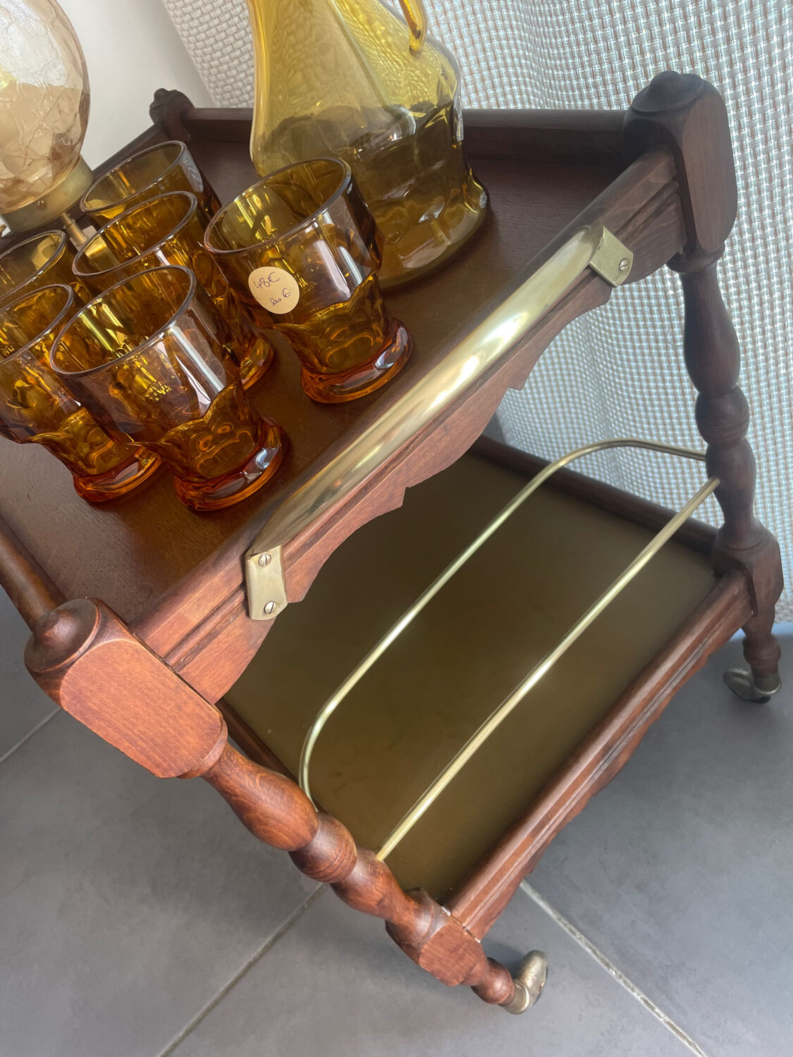 Vintage wooden and gilded brass rolling dessert trolley