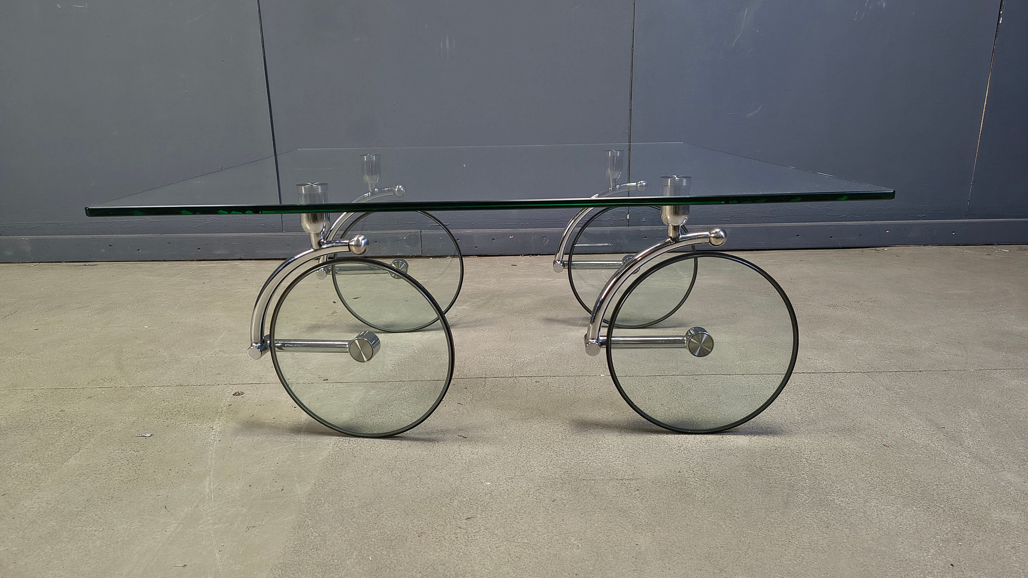 Glass coffee table with wheels, 1980s