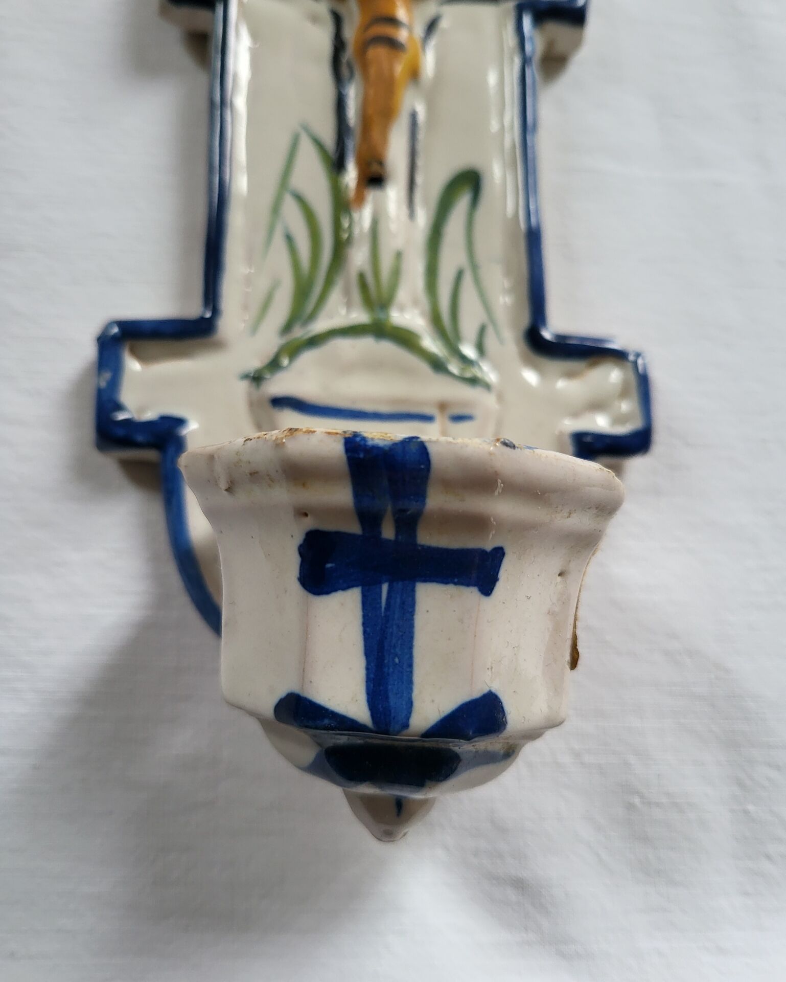 Old Faience Baptismal Font Enamelled Cross