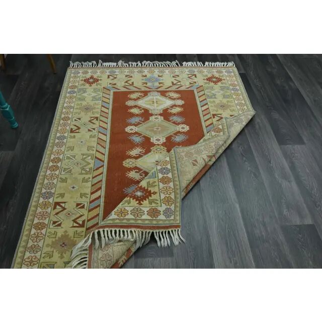 1970s Vintage Turkish Oushak Handmade  Red Yellow Area Rug 152x223