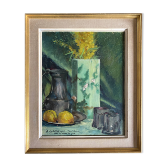 HSP painting "Bouquet of forsythia with lemons" signed A. Gabillet 1942