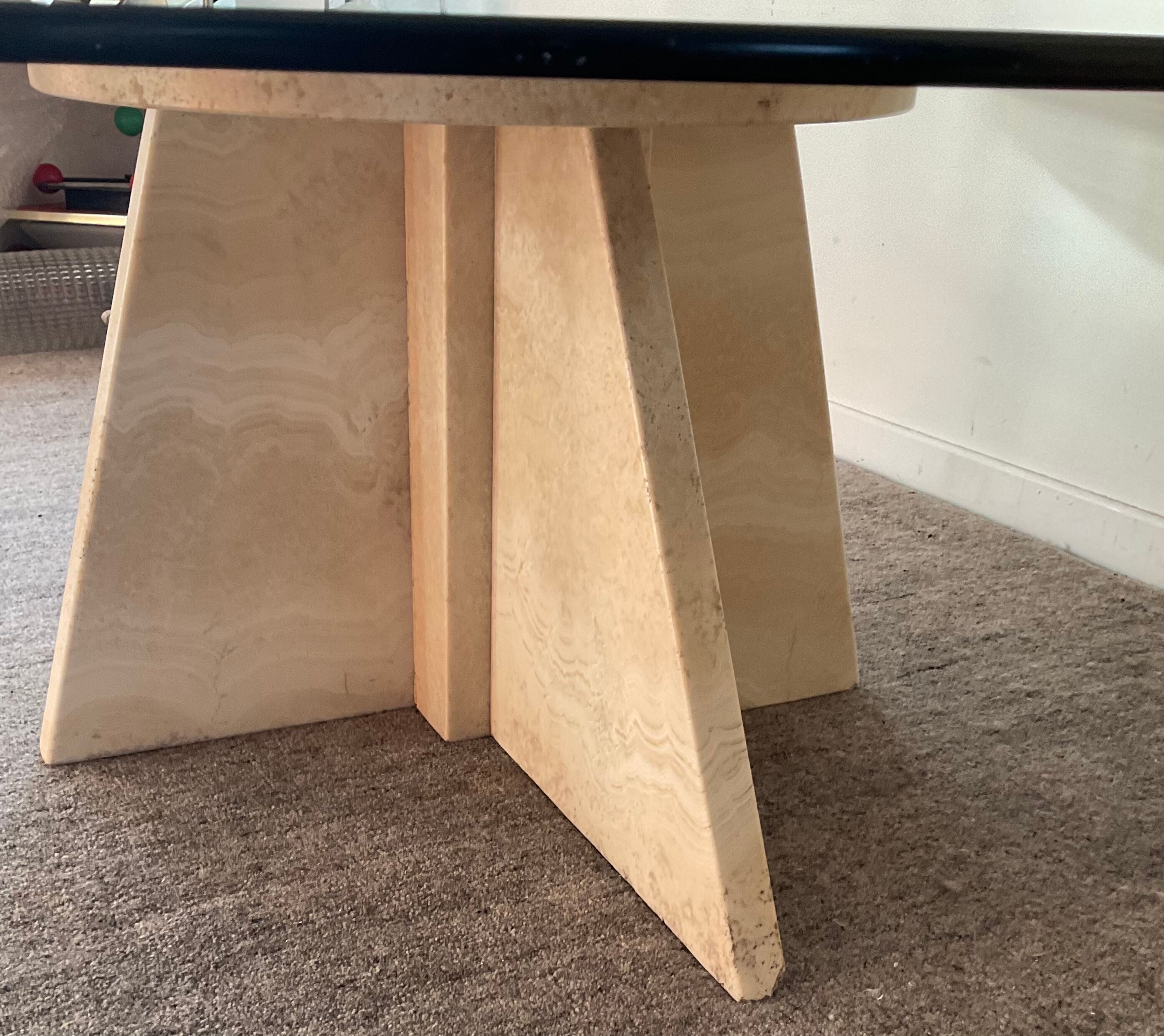 Vintage coffee table in travertine and smoked glass 70s