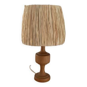 Lampe pied bois et raphia