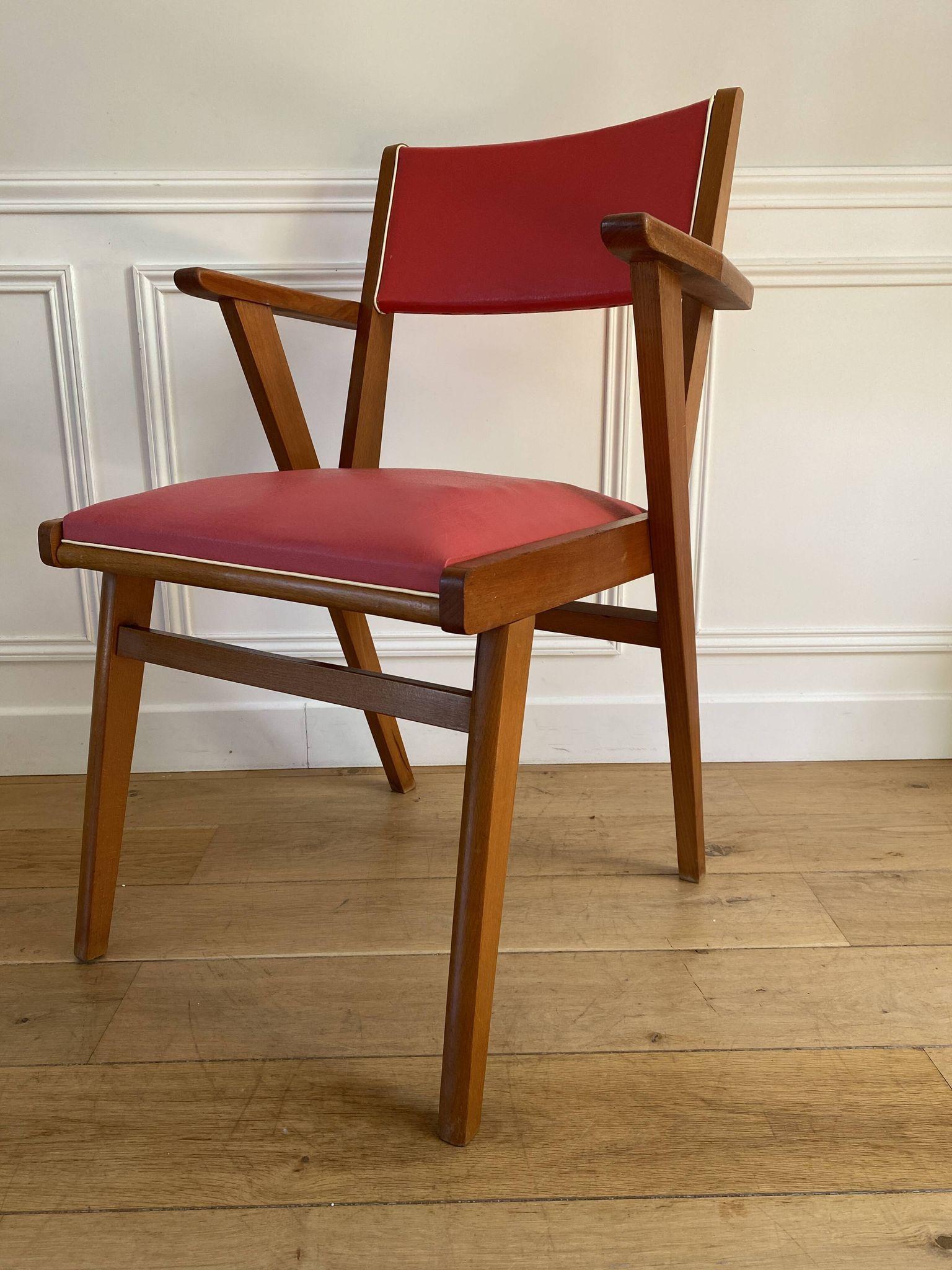 Vintage armchair from the 50s/60s – wood & red faux leather – Scandinavian style