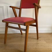 Vintage armchair from the 50s/60s – wood & red faux leather – Scandinavian style