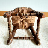 Pair of wood and straw fireplace stools 1950