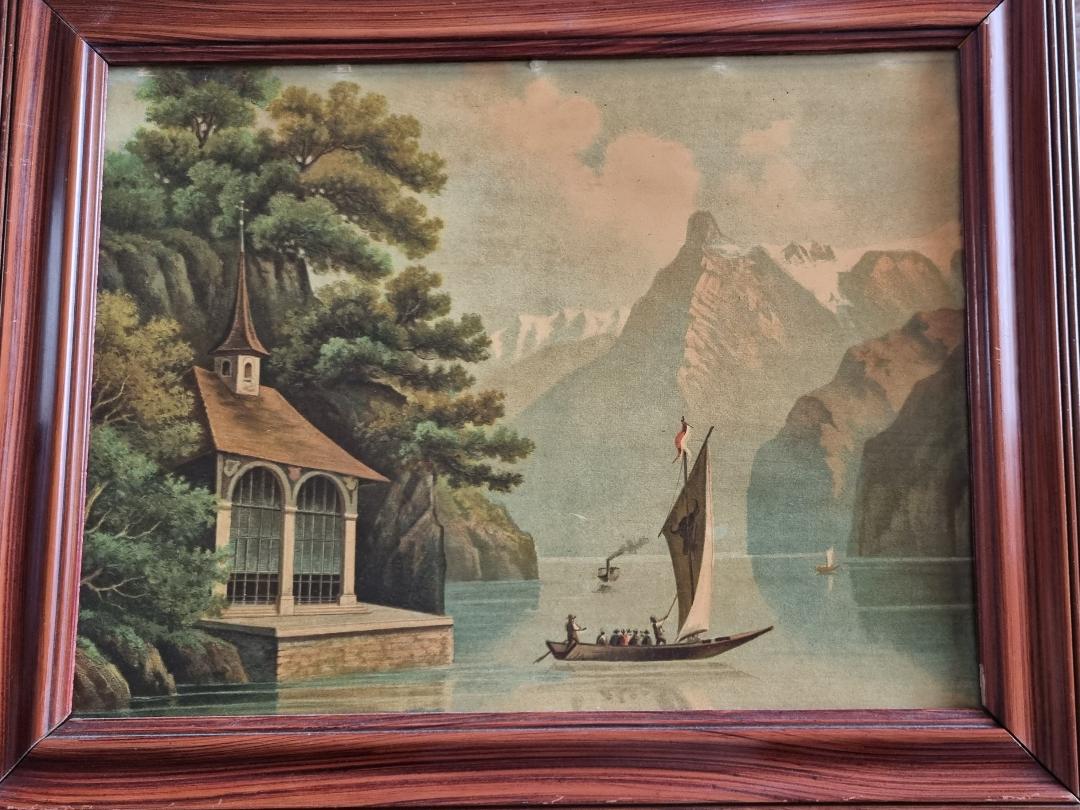 Old painting, oil on wood, representing Lake Annecy.