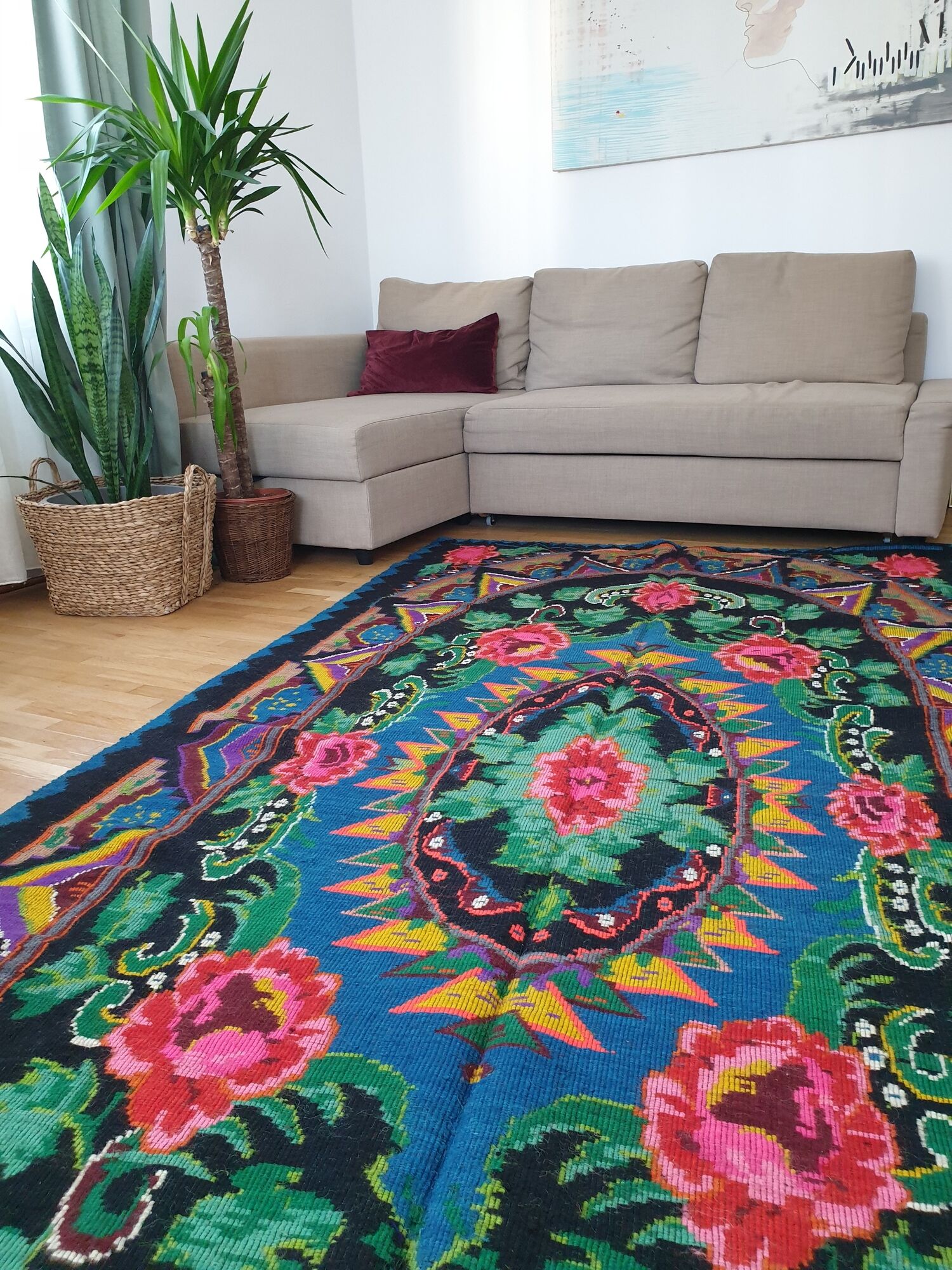 Large handmade Romanian rug 330X160cm with amazing bohemian floral design