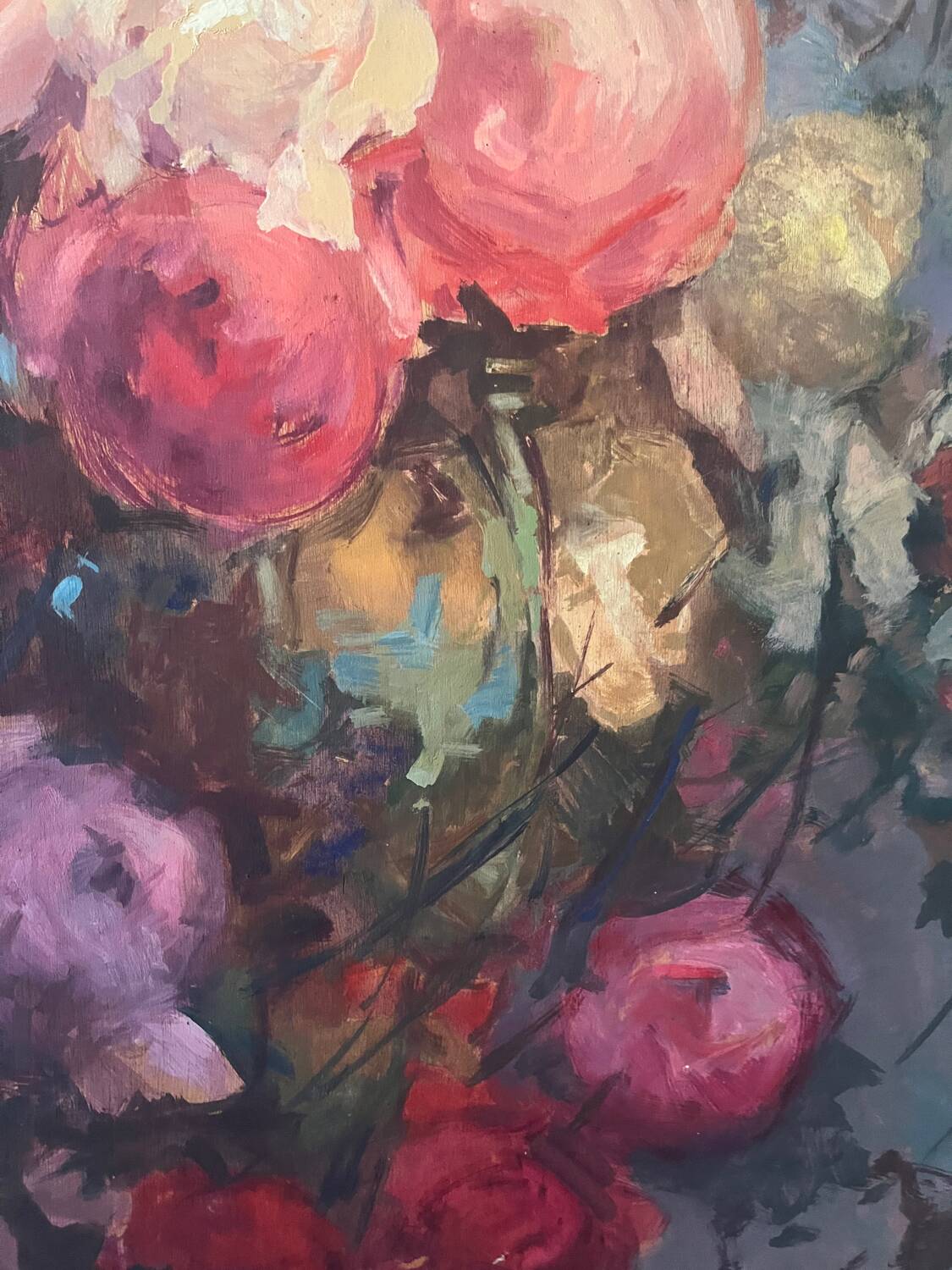 Large bouquet of roses, oil on wood panel, signed