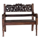 Small antique Indonesian bench in carved teak with plant and floral motifs.