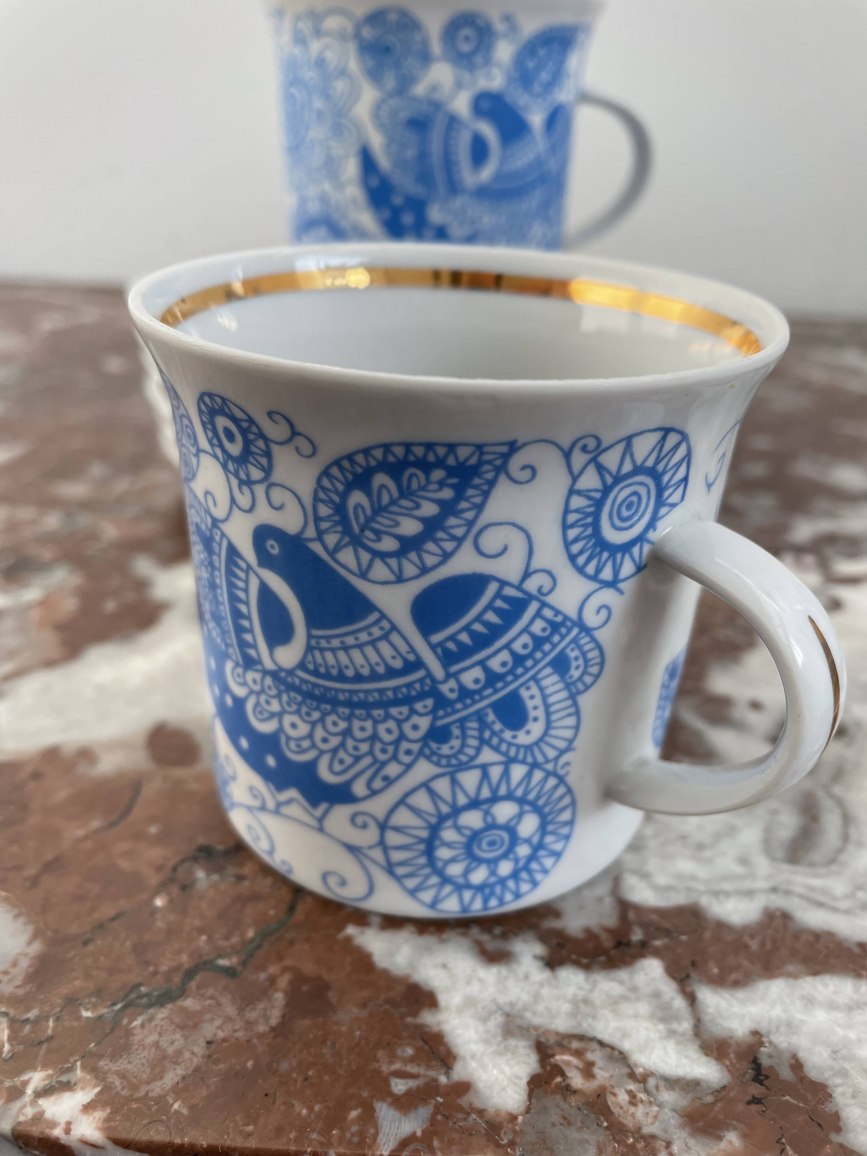 Coffee and tea set, vintage, stylized bird decor, retro, design, blue