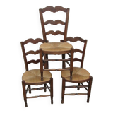 3 old straw chairs, in beech