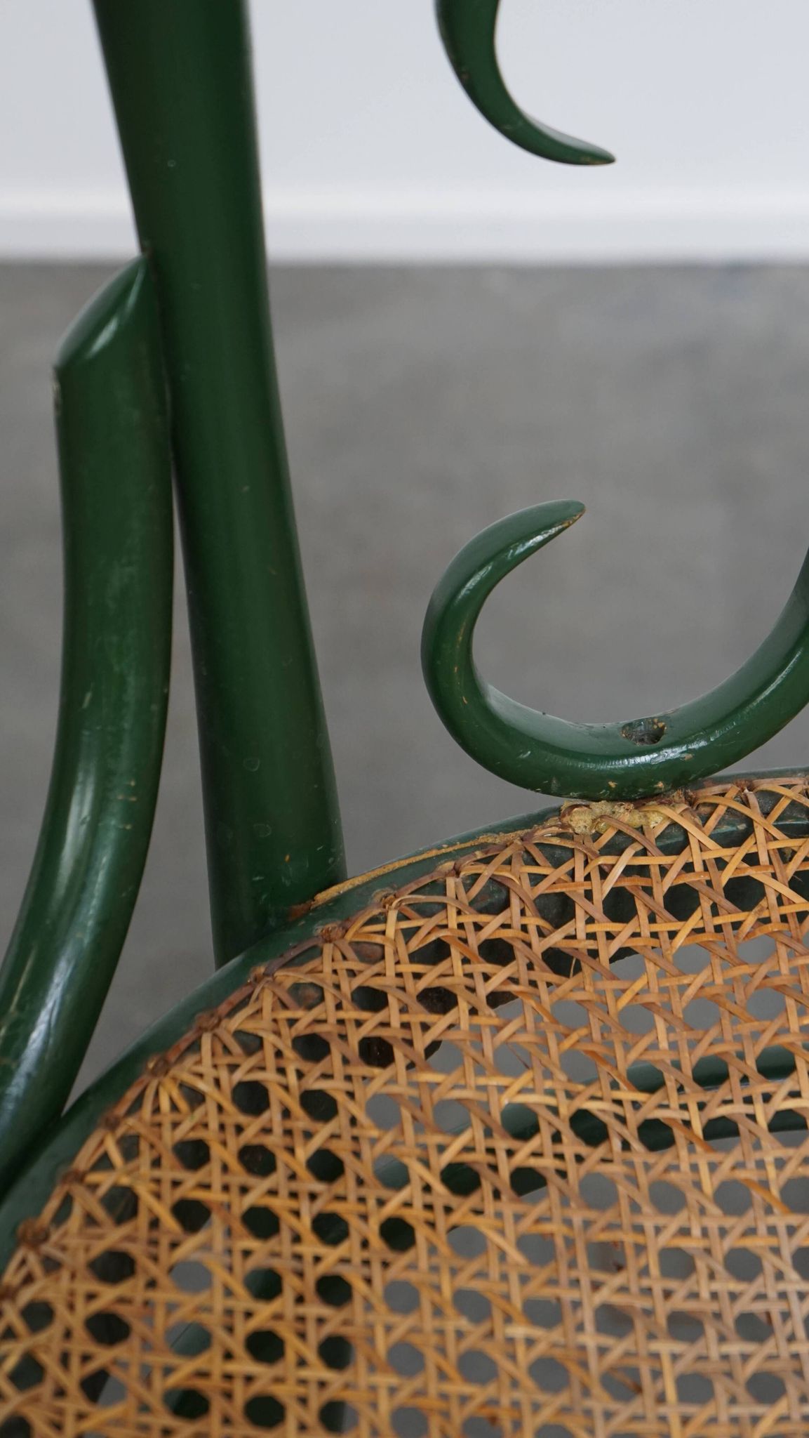 Set of 4 Green Vintage Bistro Chairs with Woven Rattan Seats