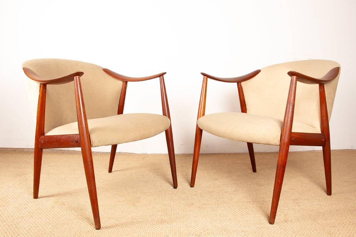 2 Scandinavian armchairs in teak and fabric, new Tyrol model, Gerhard Berg.