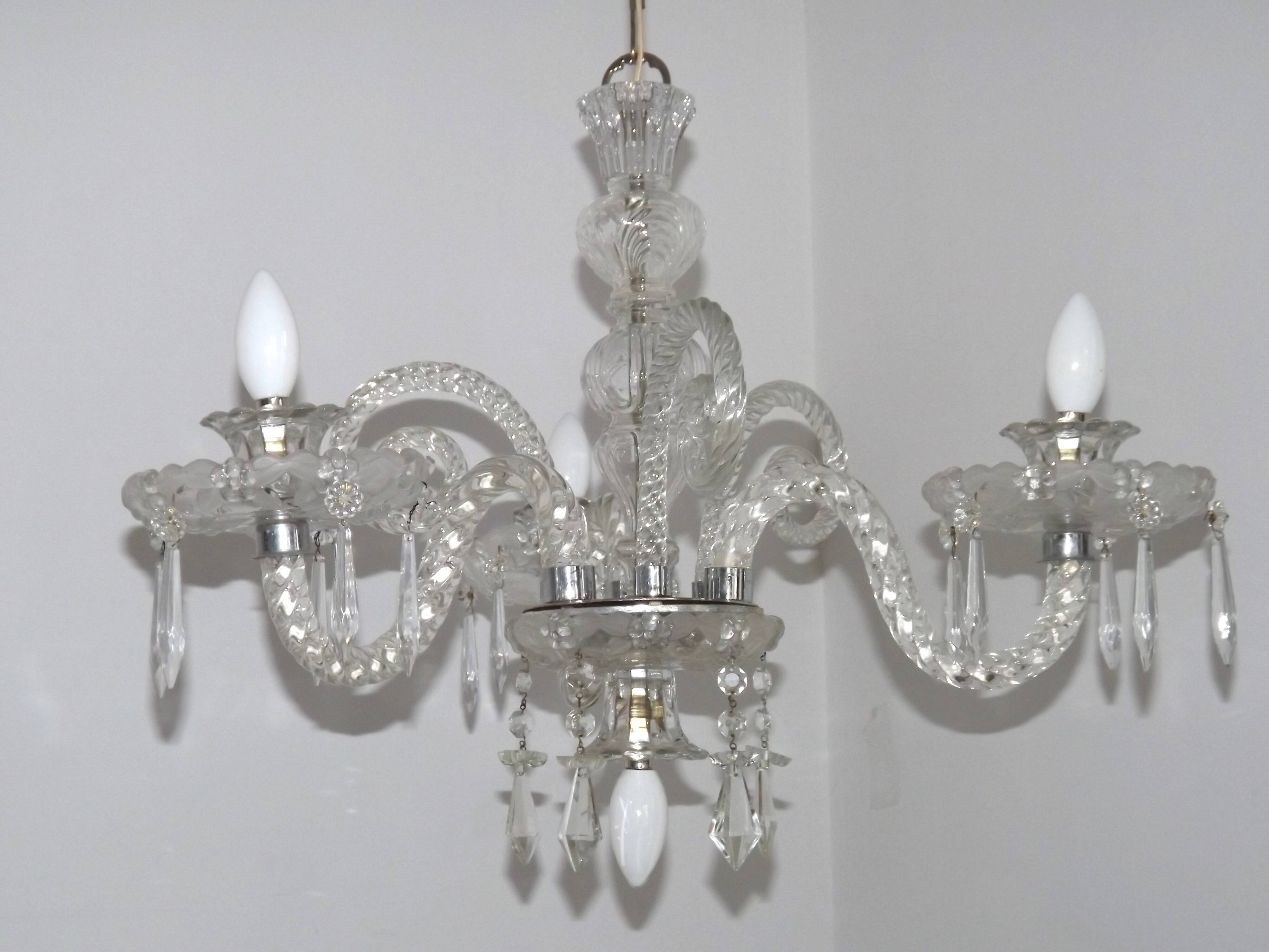 French antique glass and crystal barley twist three-armed four-light chandelier 5135