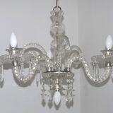 French Antique Glass and Crystal Barley Twist 3 Armed 4-Light Chandelier 5135