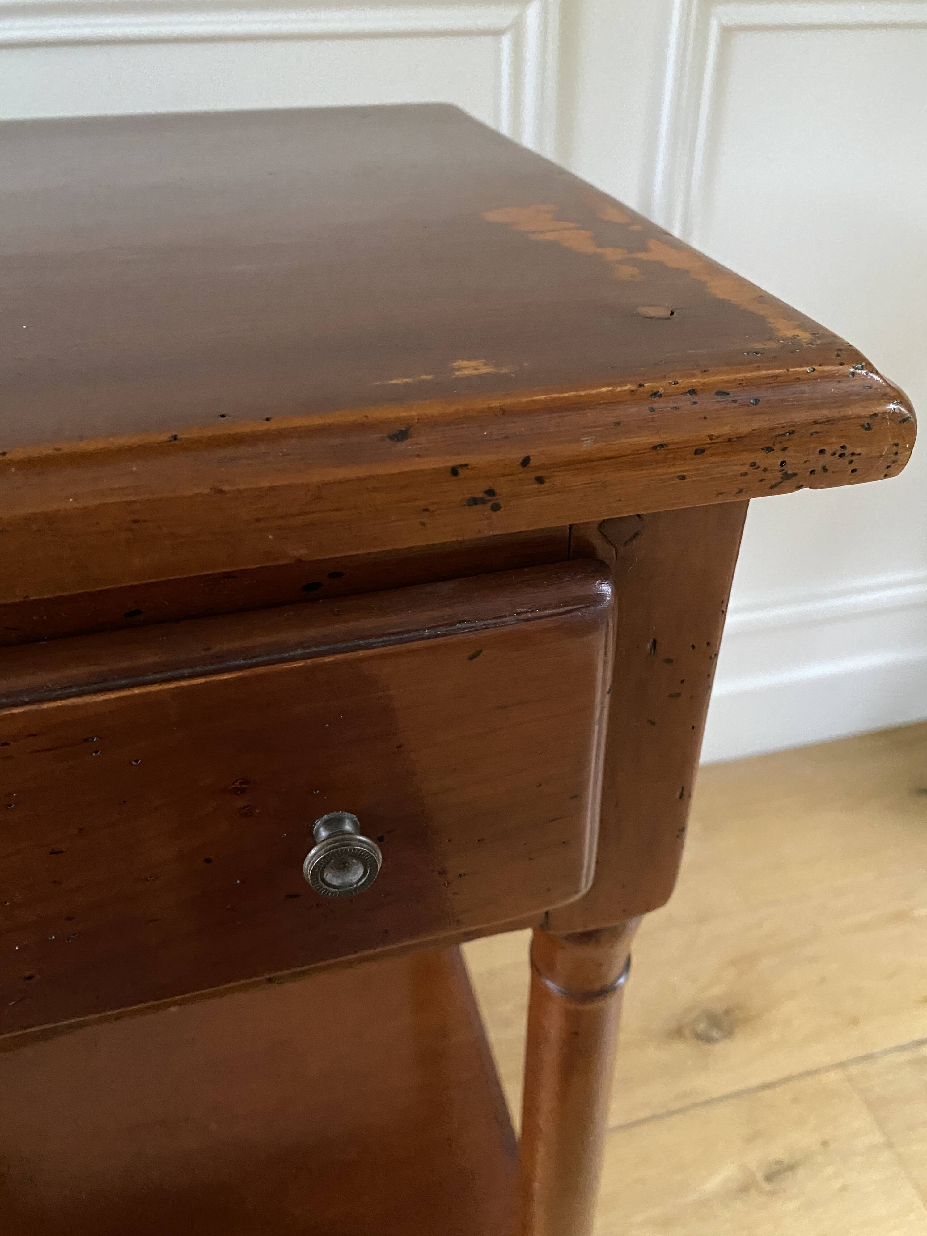 Nightstand, vintage side table with a drawer and a low shelf in solid wood