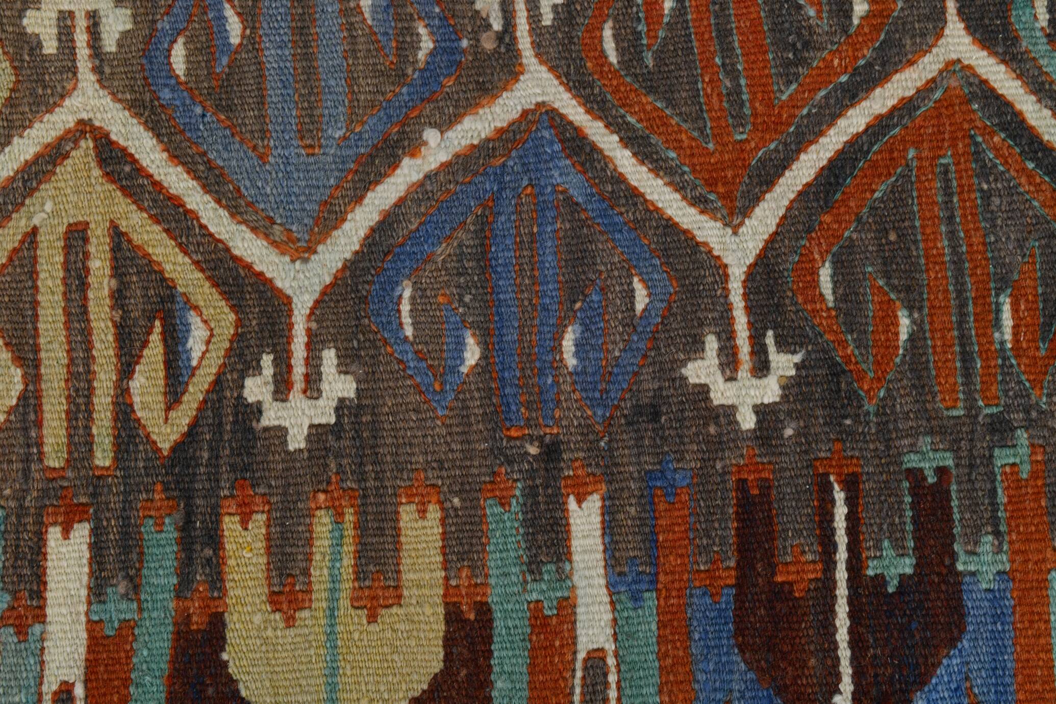 7x10 Green & Blue Geometric Pattern Kilim Rug, 222x303Cm