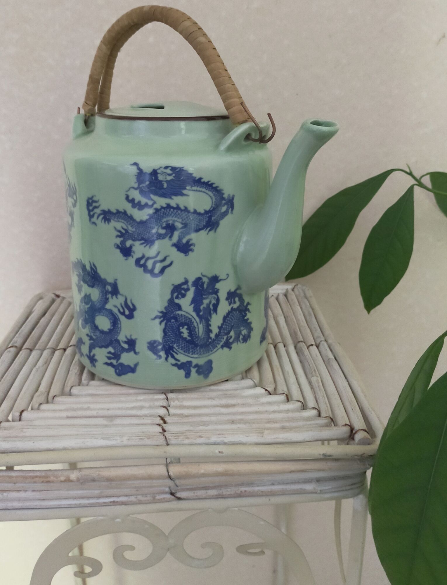rare green celadon teapot ancient dragons or phoenix decoration with glaze and wicker handles signed /th