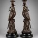 Pair of patinated bronze candlesticks with parrots on black bases – Napoleon III style / 19th century