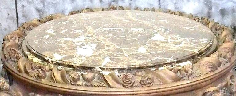 Round carved beechwood table with marble top, Louis XV style