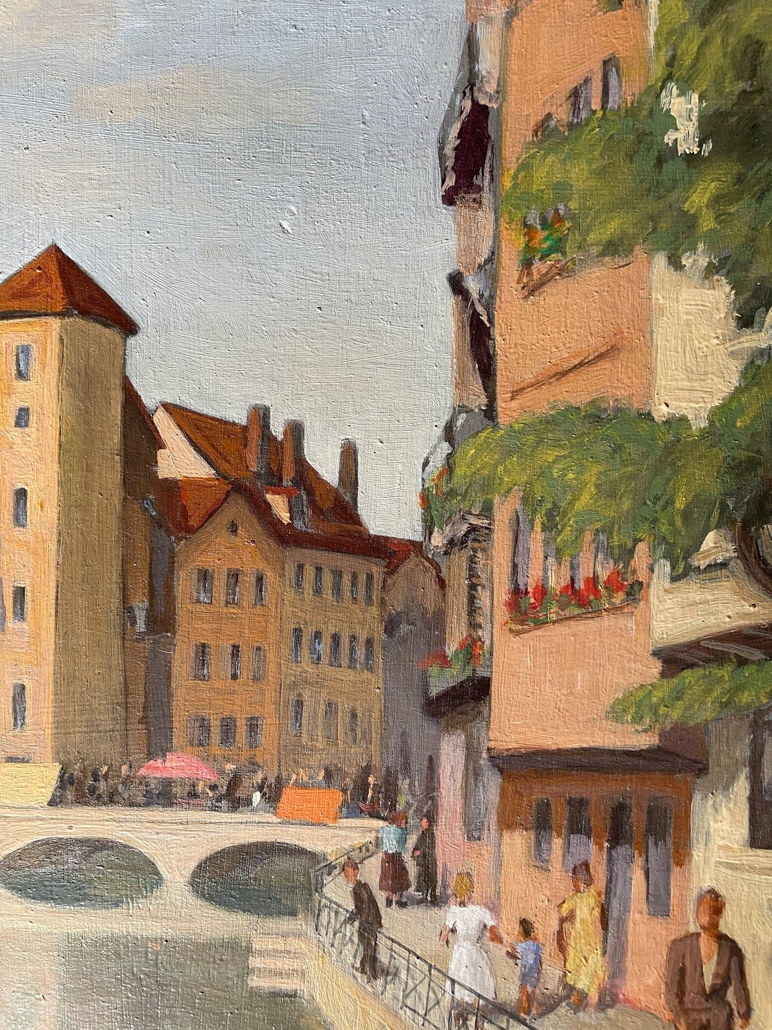1940s French oil painting on wood. Cityscape