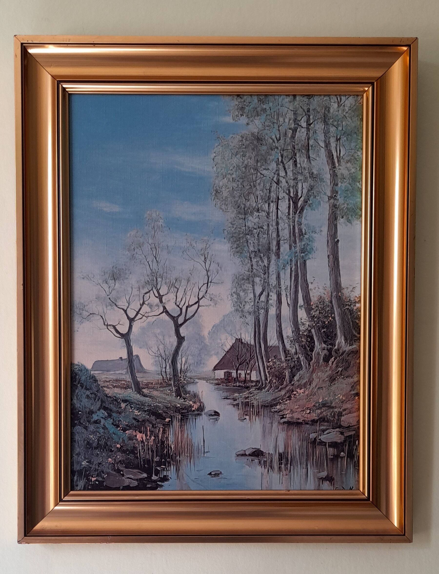 Painting landscape tree and river, golden frame, signature to identify