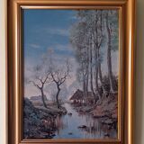 Painting landscape tree and river, golden frame, signature to identify