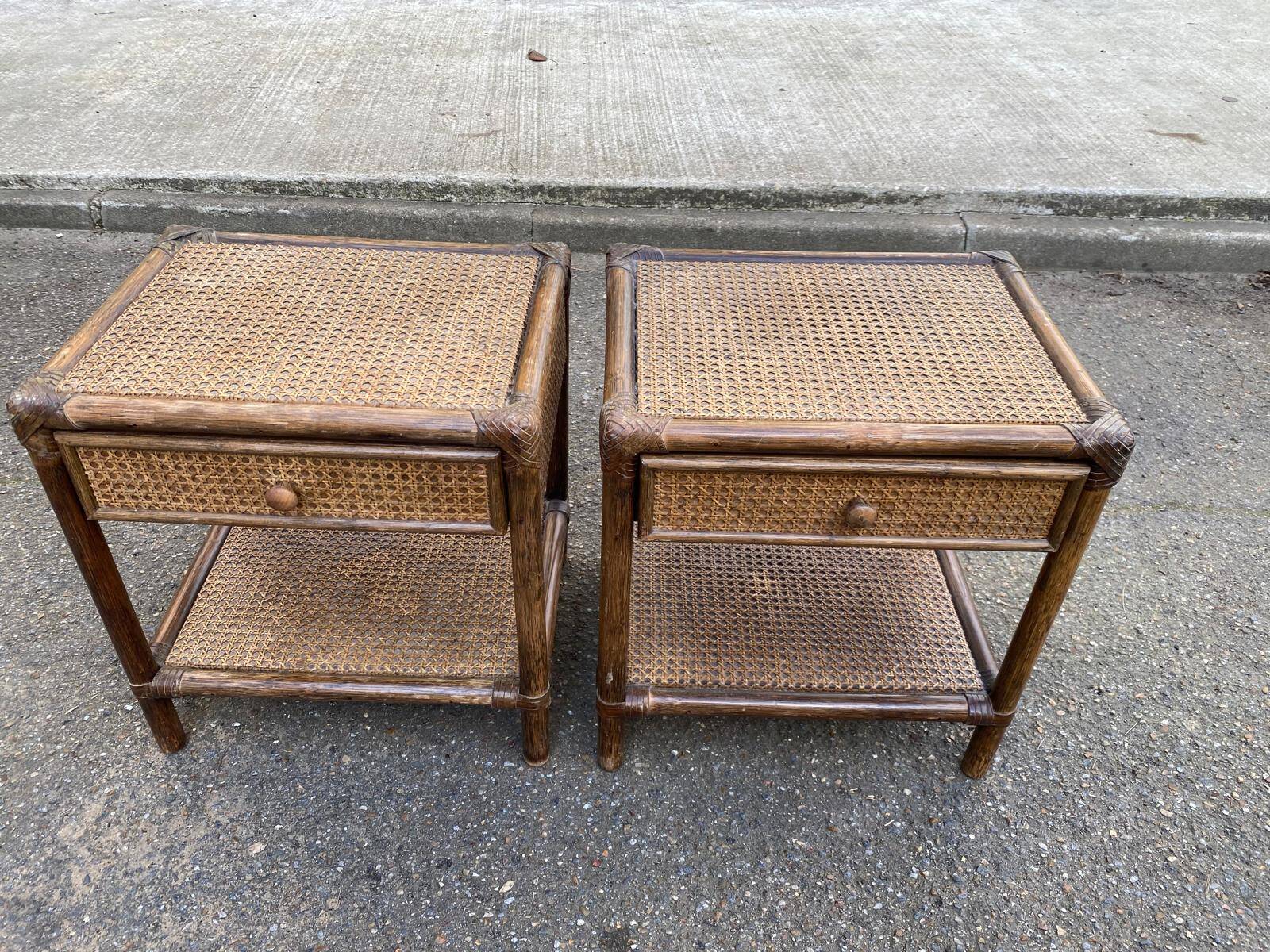 Pair of vintage bedside tables in rattan and caned wicker.