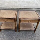 Pair of vintage bedside tables in rattan and caned wicker.