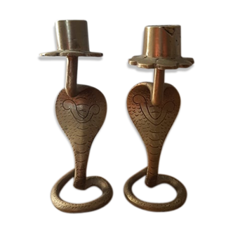 Pair of brass cobra snake zoomorphic candleholders