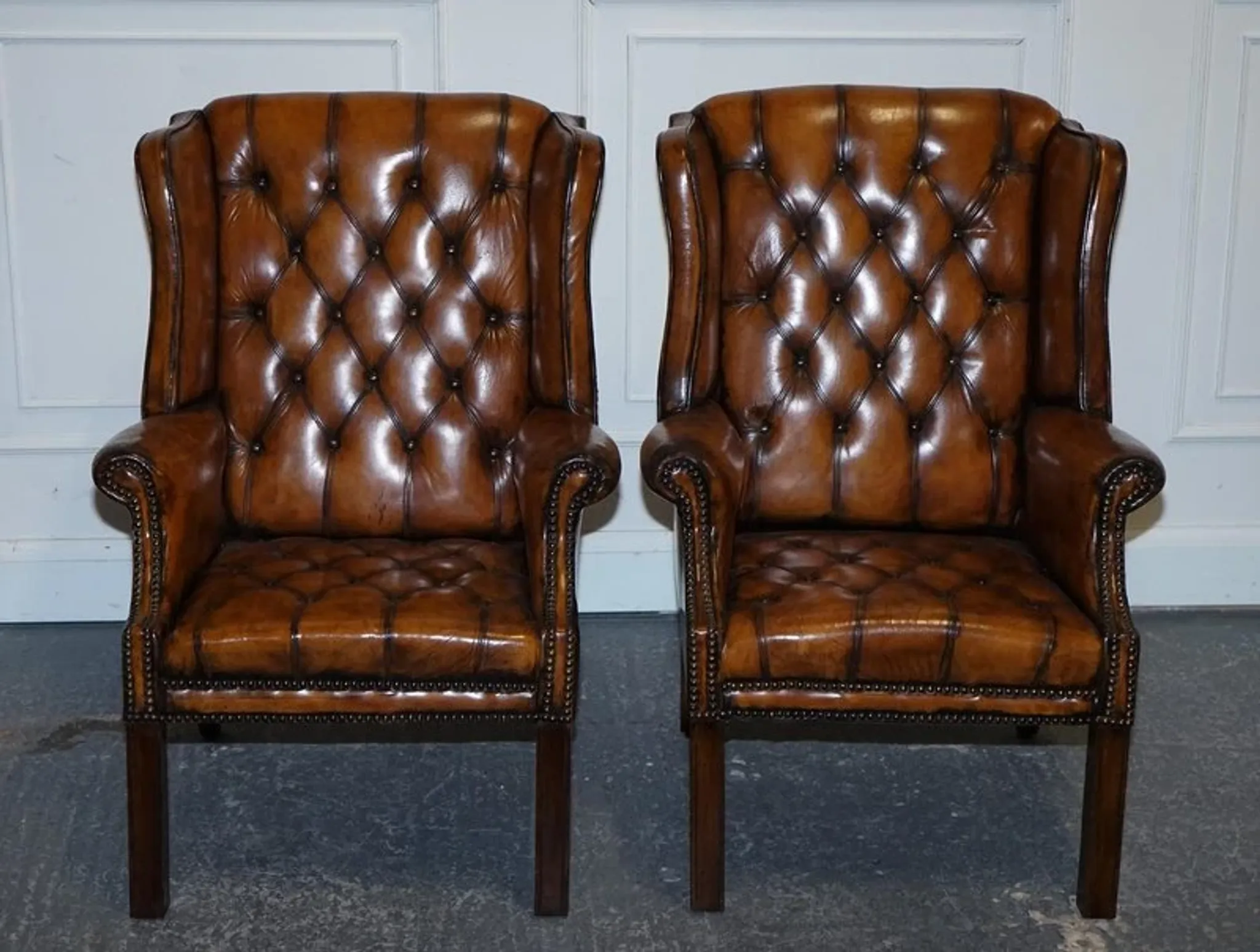 Chesterfield Wingback Armchair Set in Hand-Dyed Brown Leather, 1960s