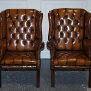 Chesterfield Wingback Armchair Set in Hand-Dyed Brown Leather, 1960s