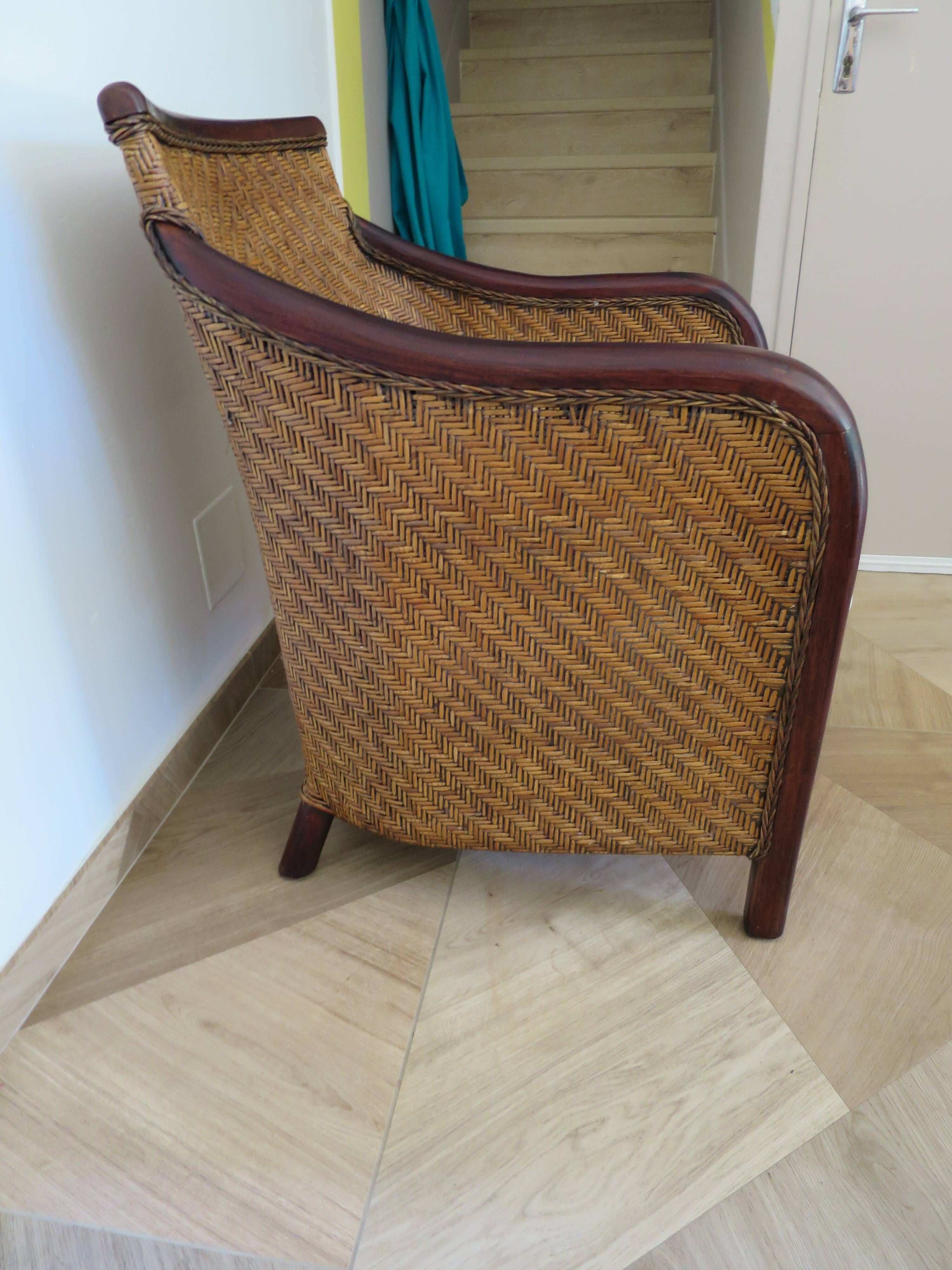 Colonial style armchair - woven rattan and exotic wood - vintage