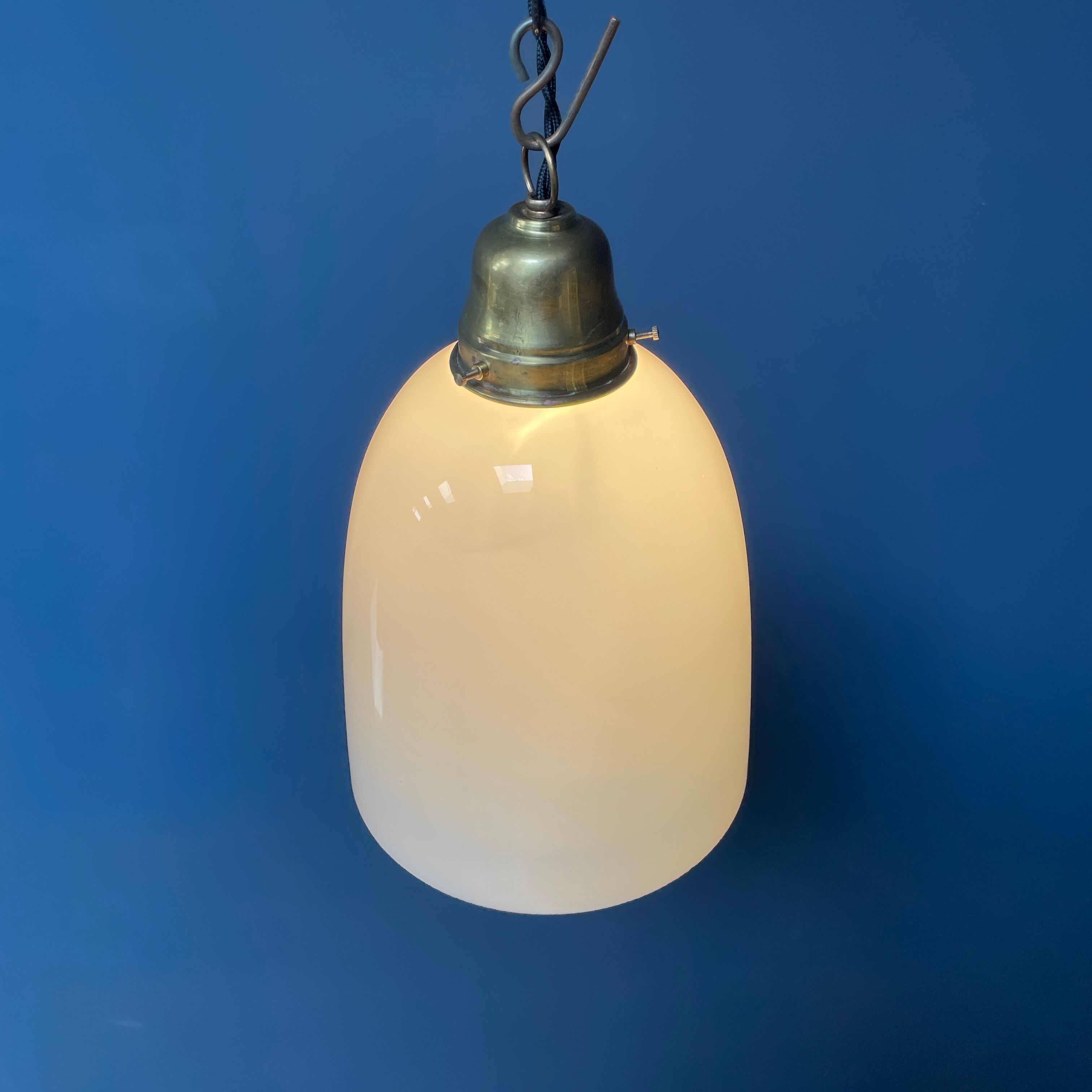 High opaline glass pendant lamp with brass fixture