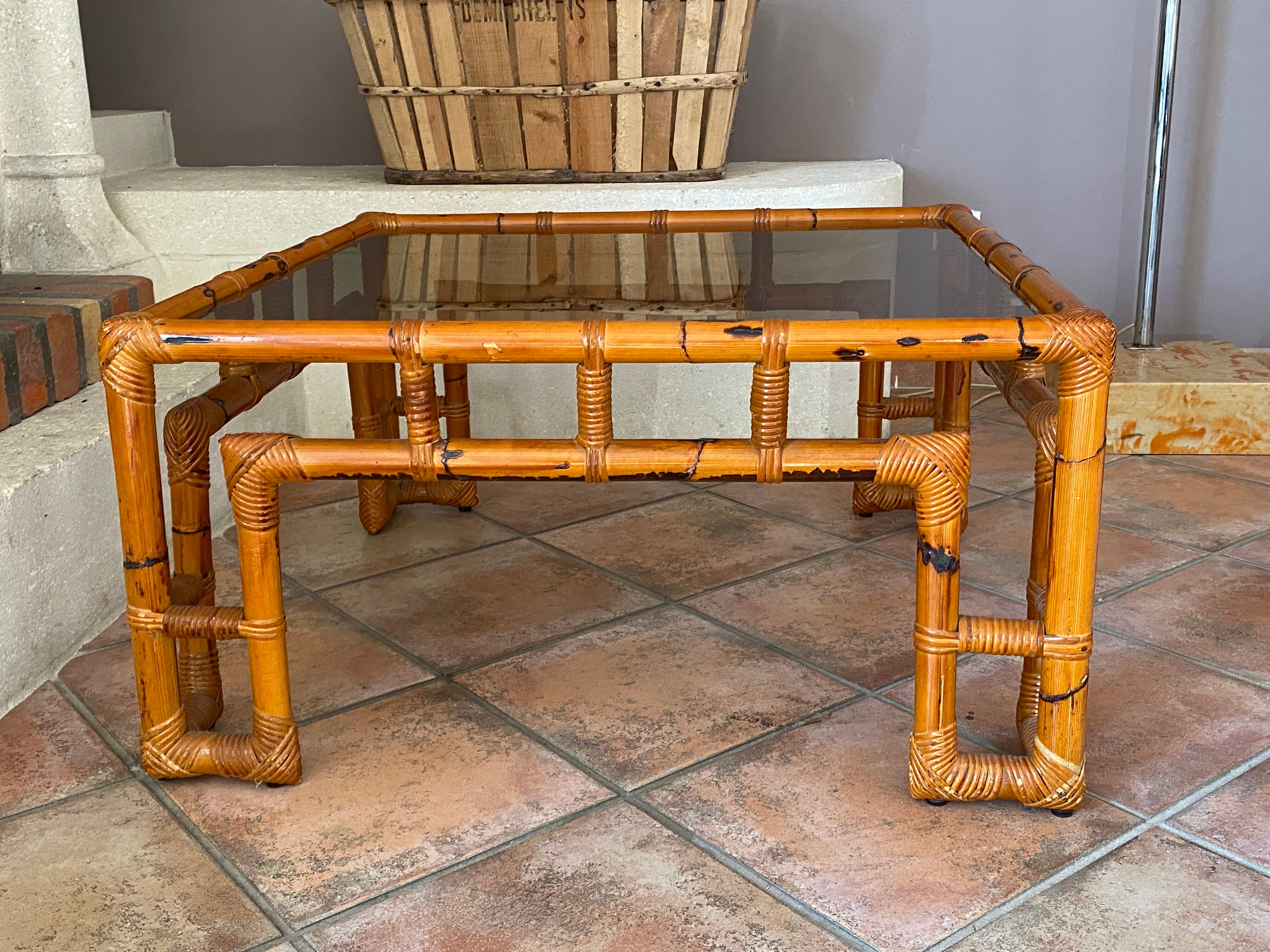 Coffee table Roche Bobois, 1970, rattan and smoked glass