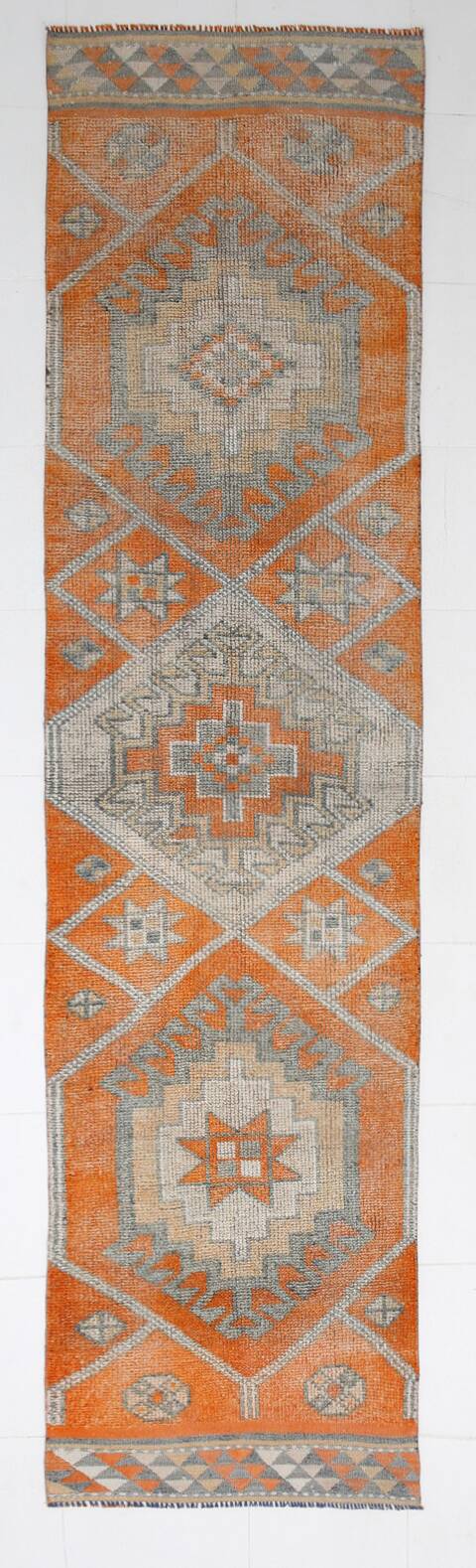 Pumpkin Orange & Grey Turkish Vintage Runner Rug, 86x356 Cm