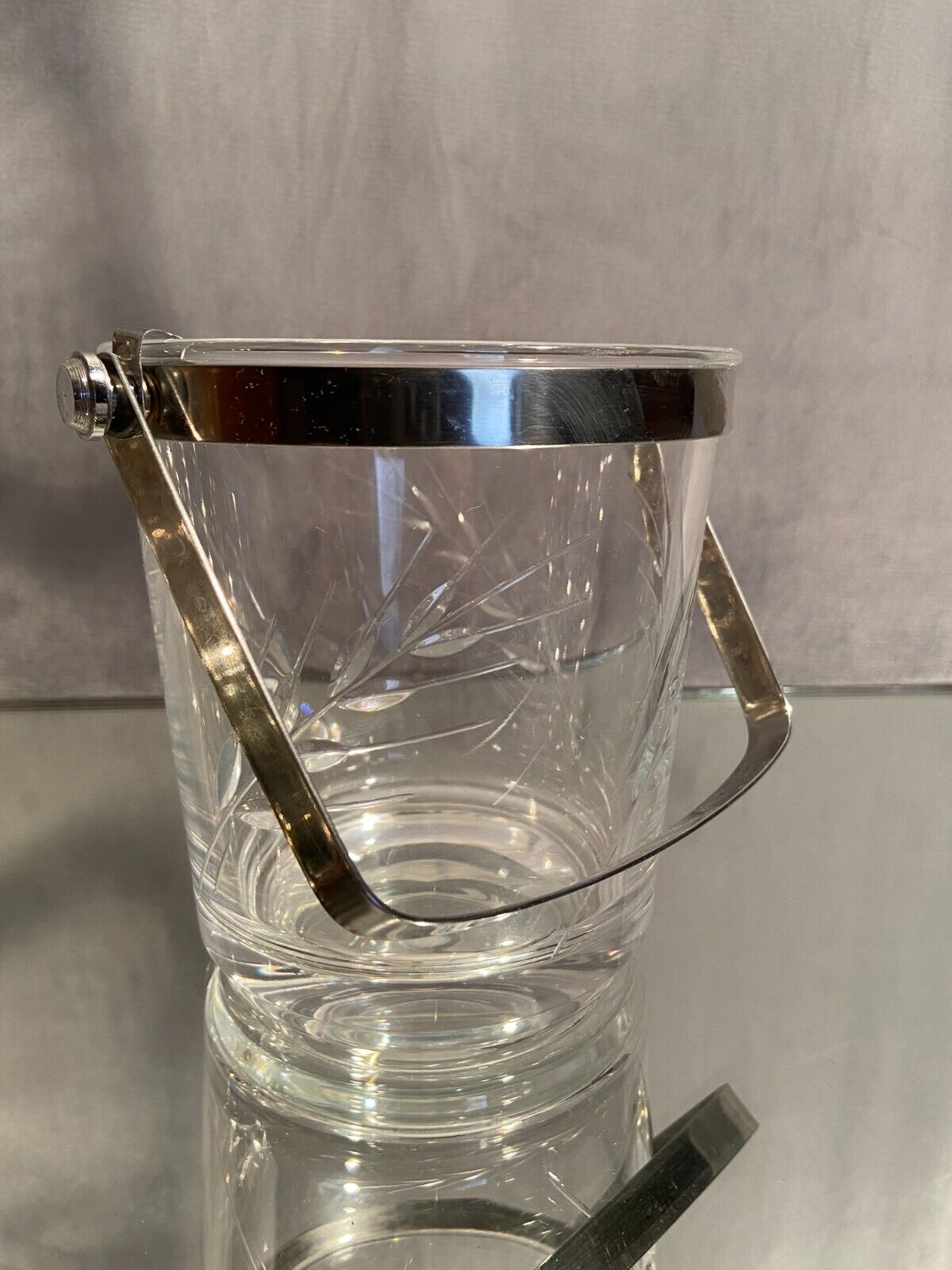 Cut crystal ice bucket with plant decoration and stainless steel frame