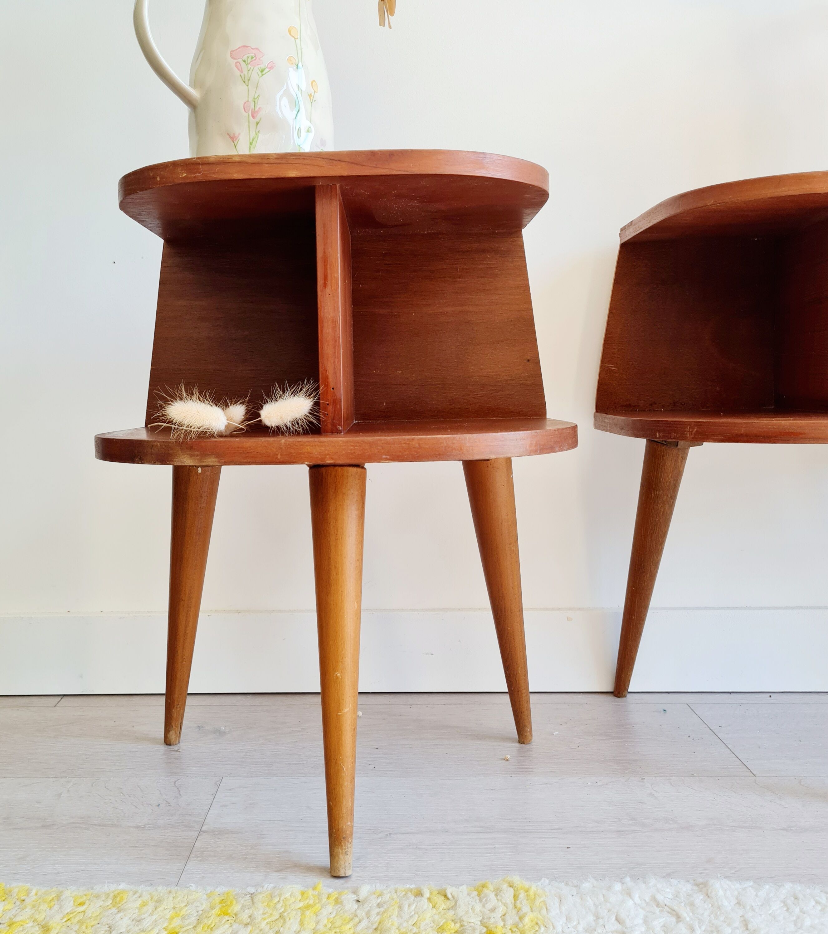 Pair of tripod bedside tables with compass feet