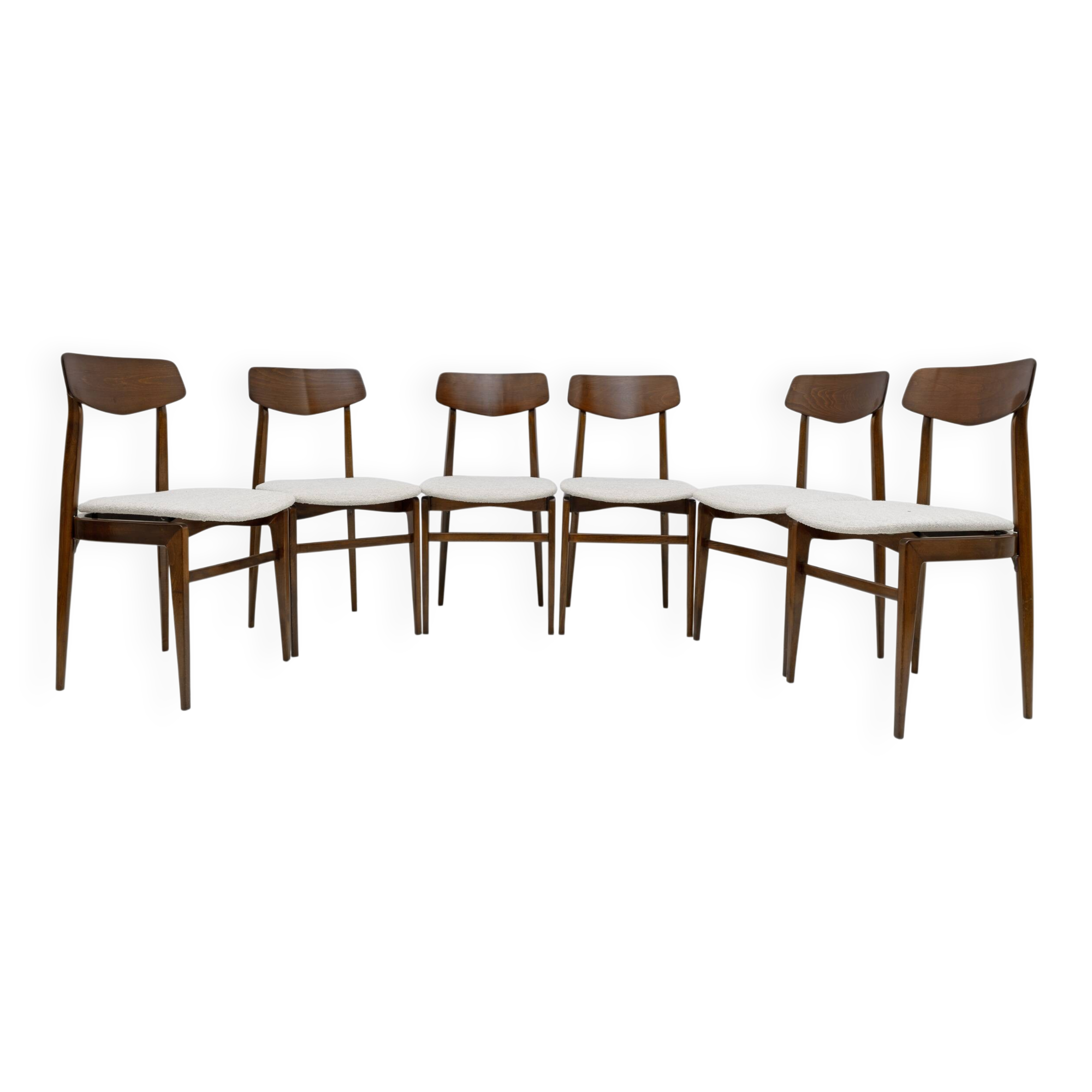 Set of Six Walnut-Stained Beech and Bouclè Fabric Dining Chairs, Denmark