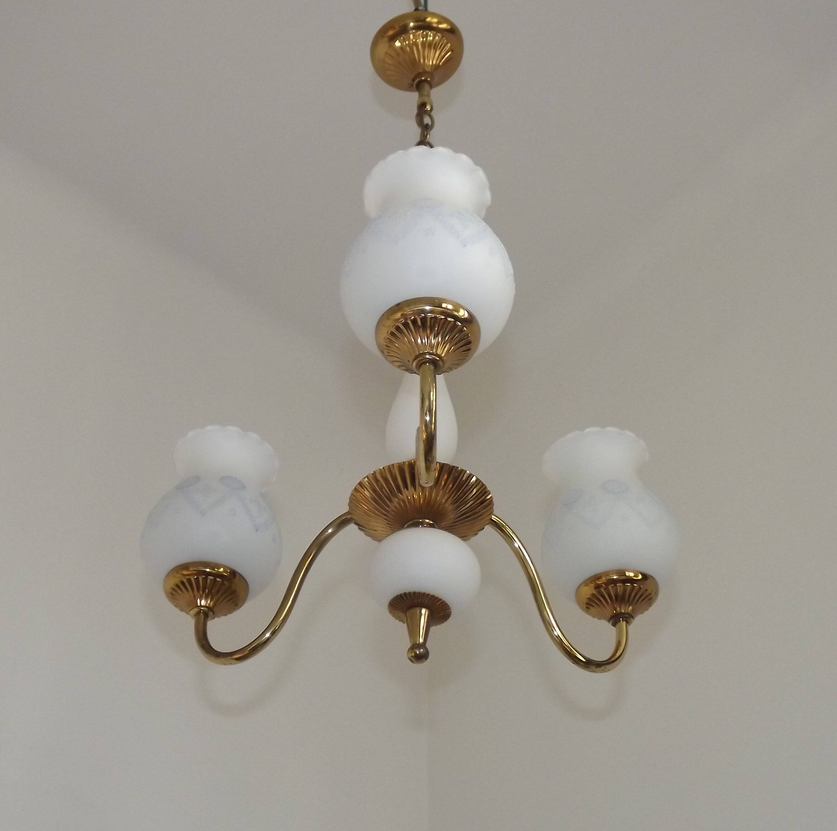 3 Light Vintage French Chandelier Gold Metal Glass Column & Decorated Shade