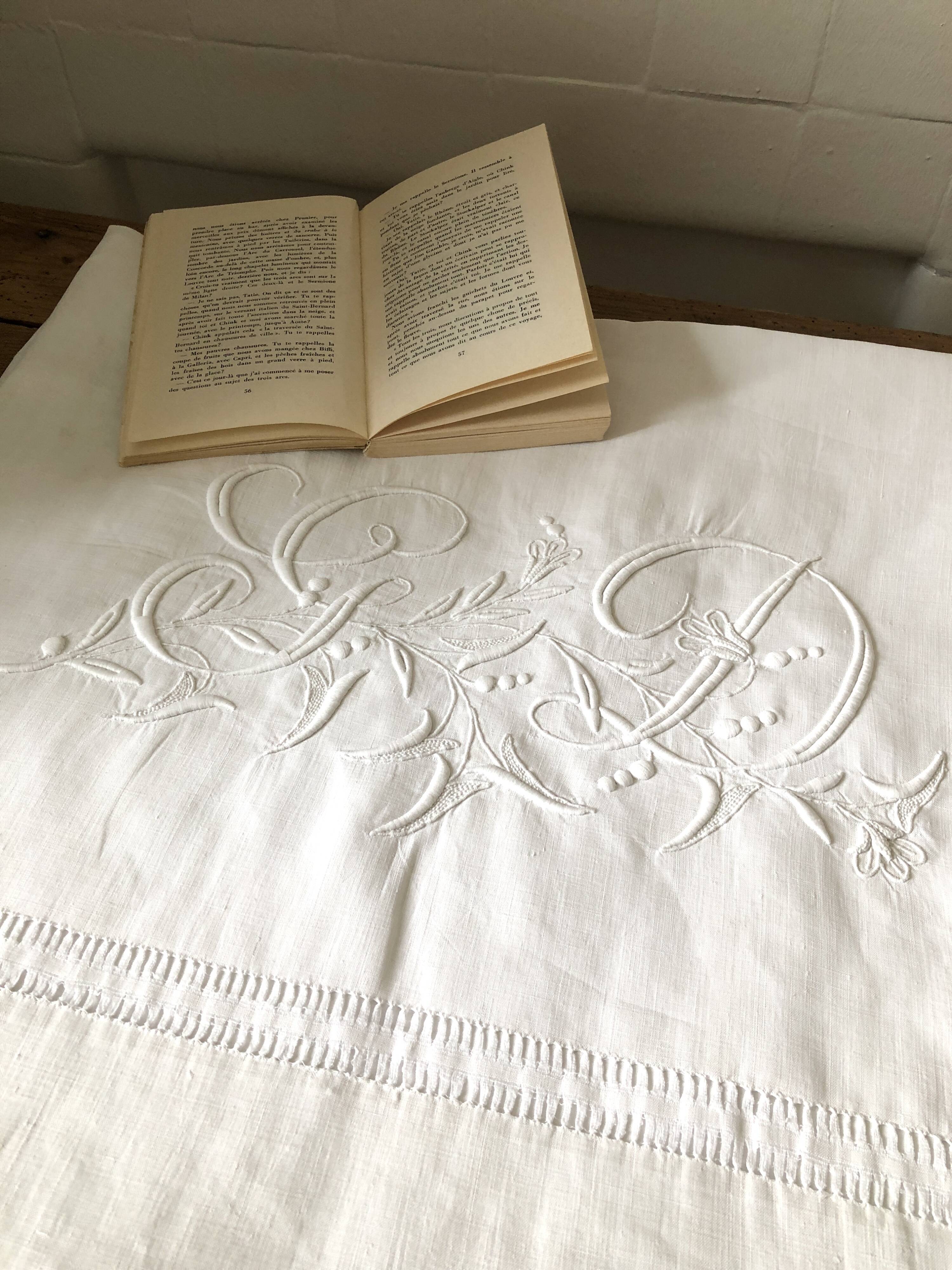 Old pure linen sheet embroidered and monograms