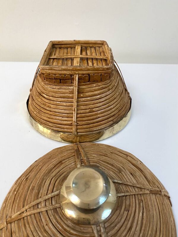 Panier ancien en rotin et laiton - Années 70